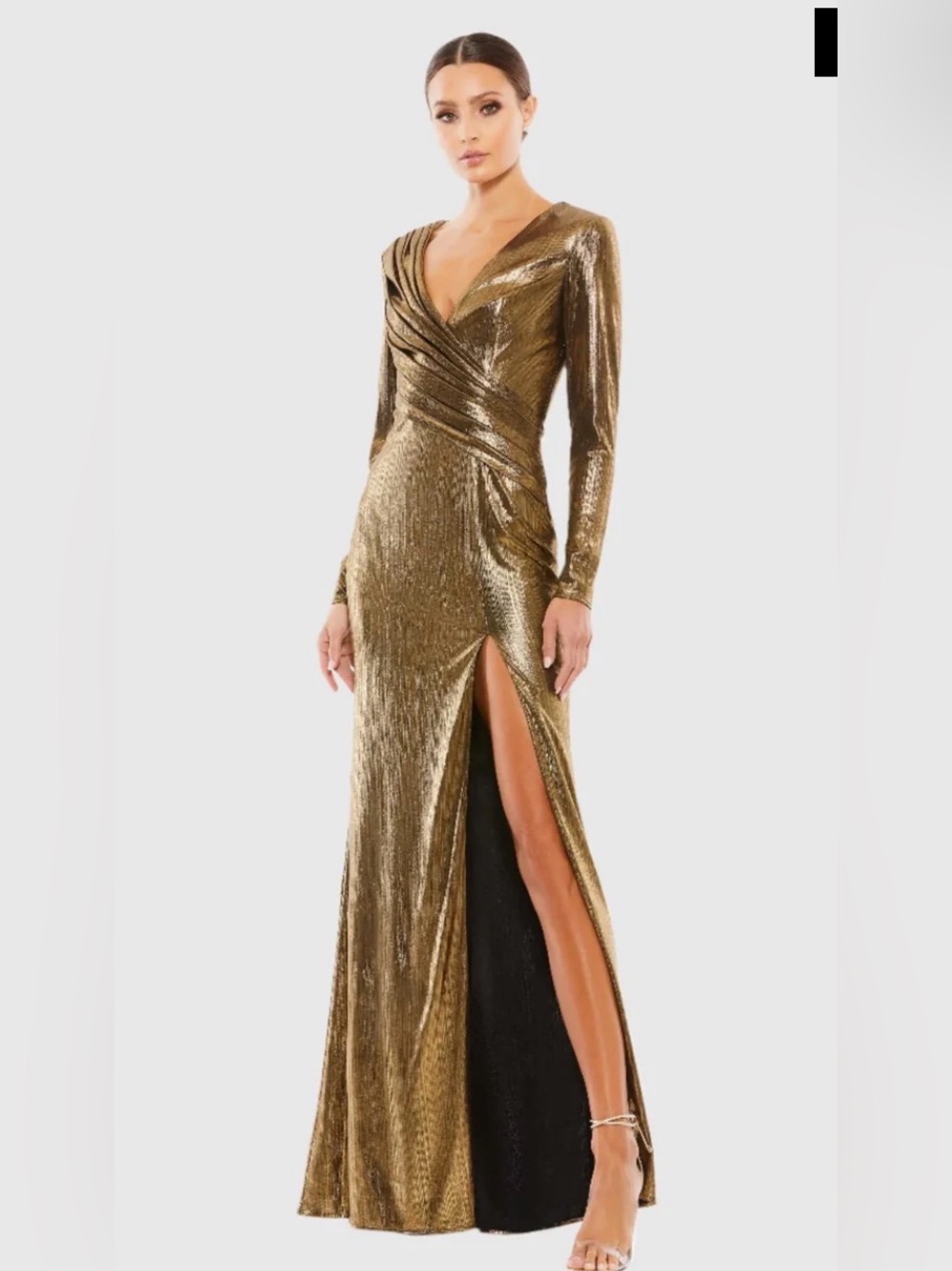 IEENA For MAC DUGGAL Gold Metallic Long Sleeve Ruched Gown 10 NWT $498 26684
